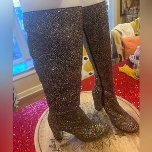 Betsey Johnson knee high black glitter heeled boots 8.5